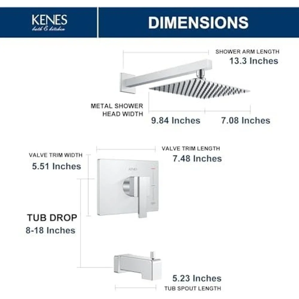 KENES Tub Shower Faucet Set Rainfall Shower Head with Valve & Spout Chrome